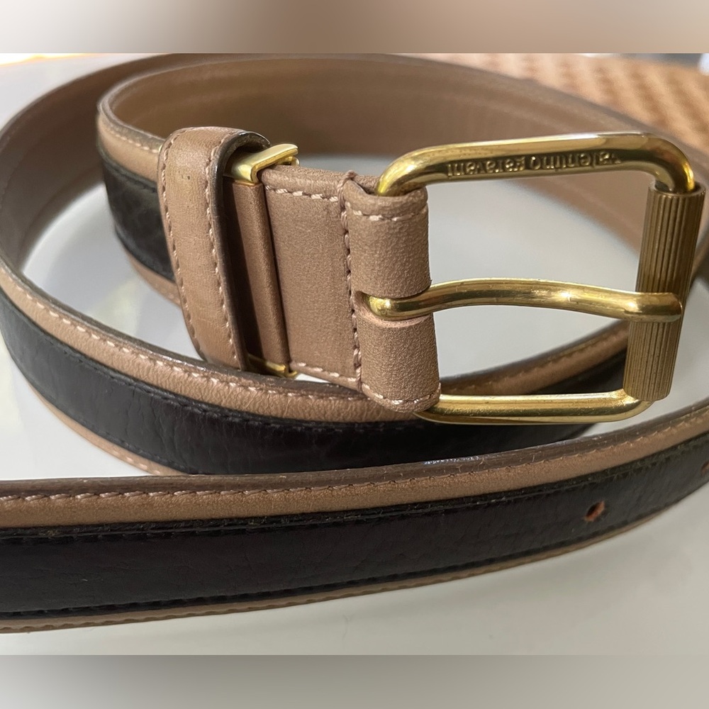 Valentino Garavani Tan and Black Leather Belt with Gold Buckle